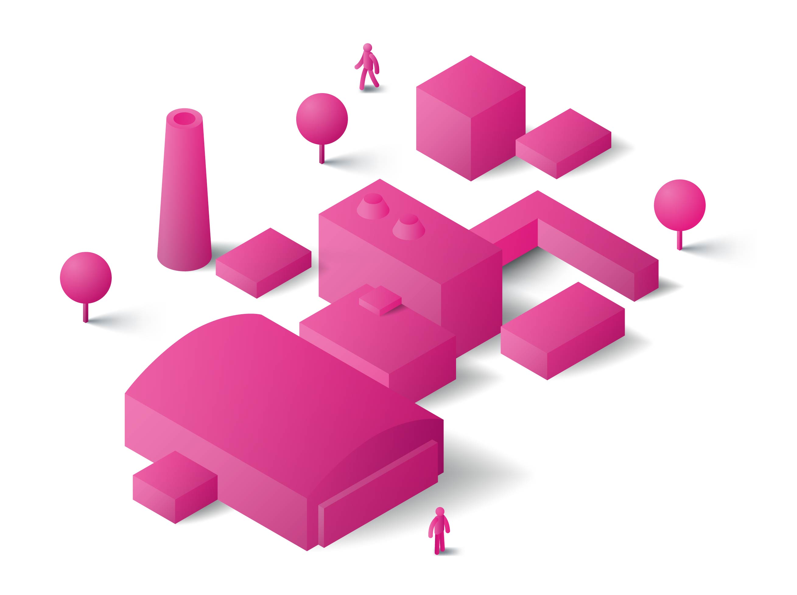 Pink buildings representing strand 4 of the campus map